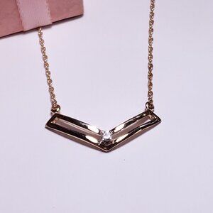 Estate .03ct Natural Rd Diamond double open Bar 14Kt Y/Gold 17" Necklace #24097